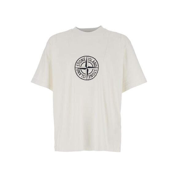 Stone Island Men White 'Back Lettering' T-Shirt With Front Print For Men